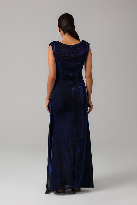 Navy Blue Shimmer Draped Gown with Embellished Shoulder