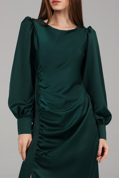 Green Satin Ruched Evening Dress