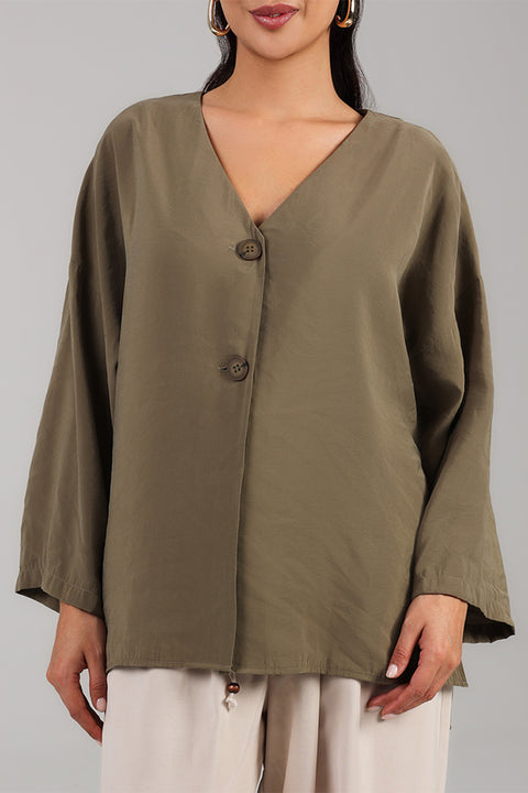 Khaki Relaxed Button-Front Top