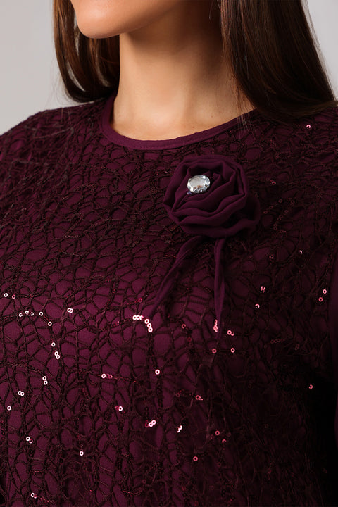 Burgundy Lace Midi Dress with Floral Detail 