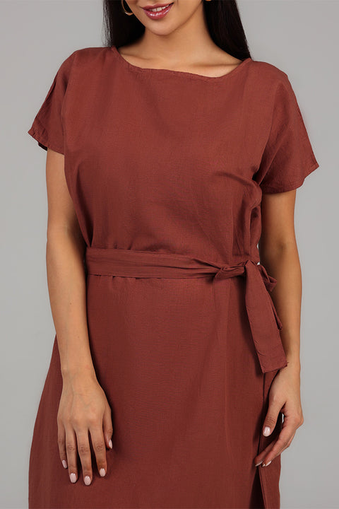 Brown Belted Modest Midi Dress
