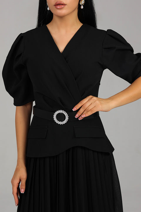 Black Structured Pleated Midi Dress