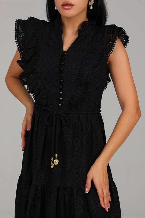Black Embroidered Tiered Midi Dress