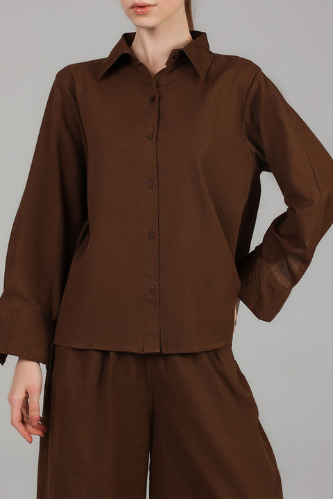 Dark Brown Relaxed Shirt & Wide-Leg Pants Set