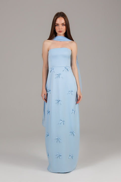 Sky Blue Strapless Bow Detail Maxi Dress