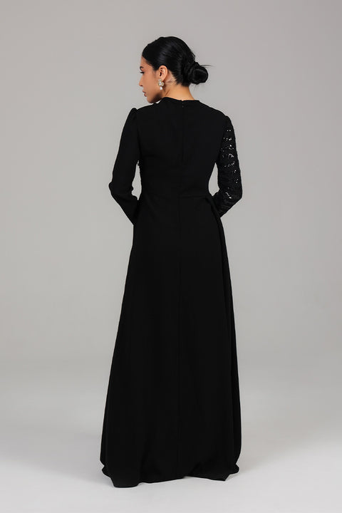 Black Asymmetric Sequin Panel Evening Gown with Drape Detail