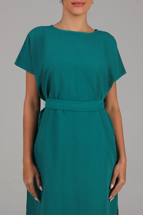 Emerald Green Belted Modest Midi Dress