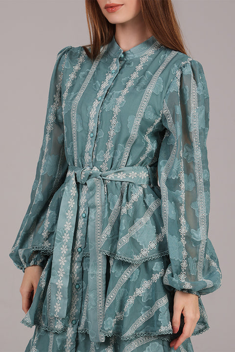 Aqua Green Embroidered Tiered Midi Dress