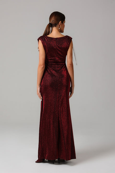 Maroon Shimmer Draped Gown with Embellished Shoulder