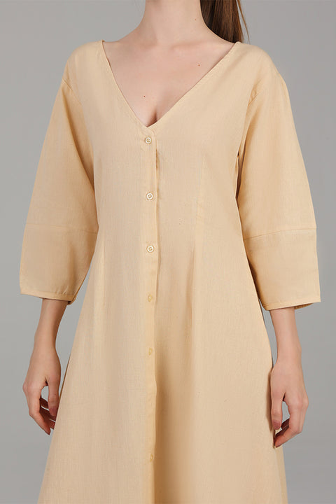 Beige Button-Front A-Line Midi Dress