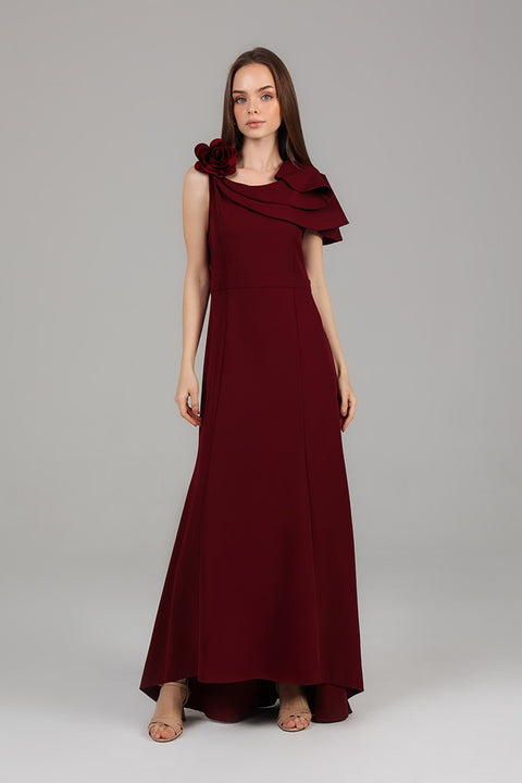 Maroon One-Shoulder Ruffle Detail Maxi Dress