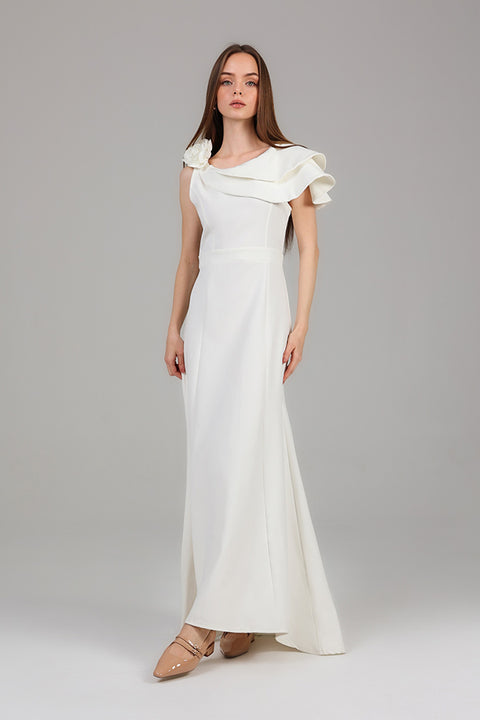 White One-Shoulder Ruffle Detail Maxi Dress
