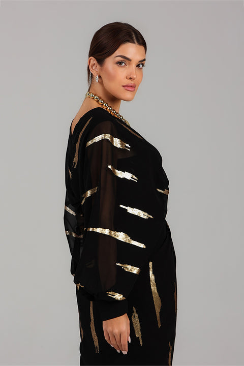 Black Foil Detail Modest Evening Dress