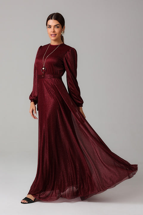 Maroon Shimmer Maxi Dress with Soft Waist Gather