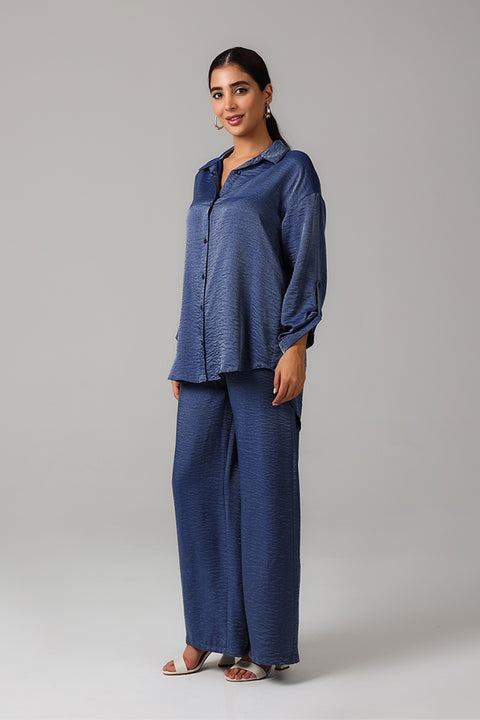 Navy Blue Steel Satin Co-ord Set