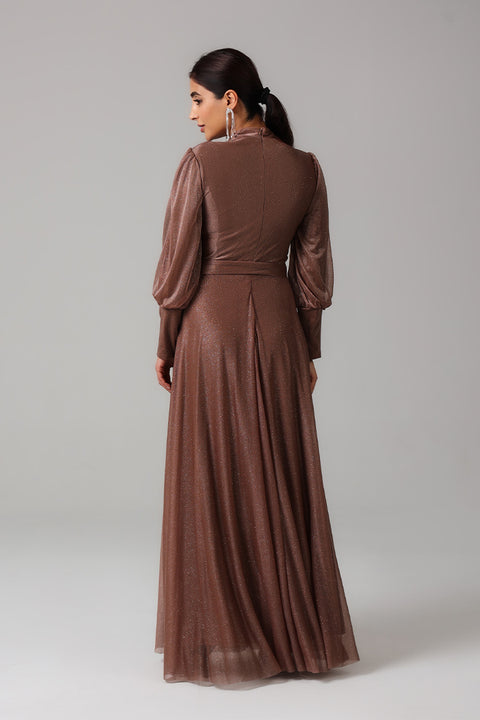 Rose Gold Shimmer Pleated Maxi Dress with Belt Detail