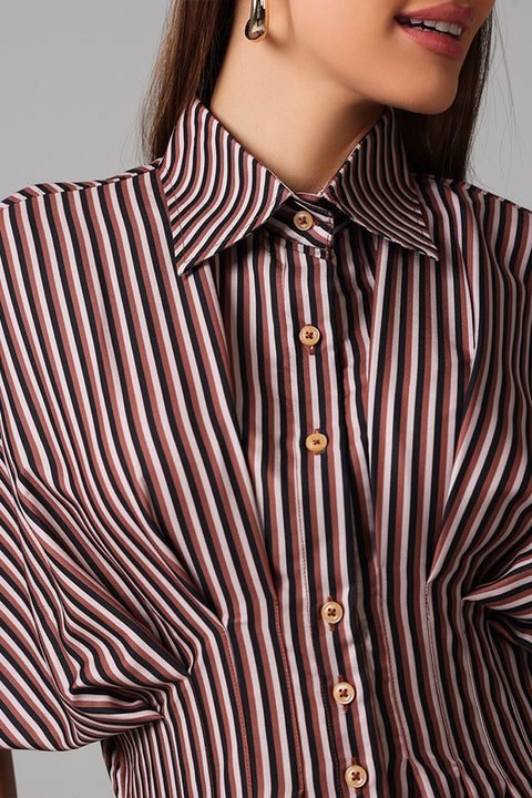 Brown Striped Pleated Shirt Dress