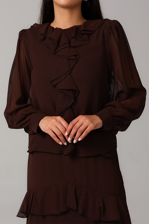 Brown Ruffle Detail Maxi Dress