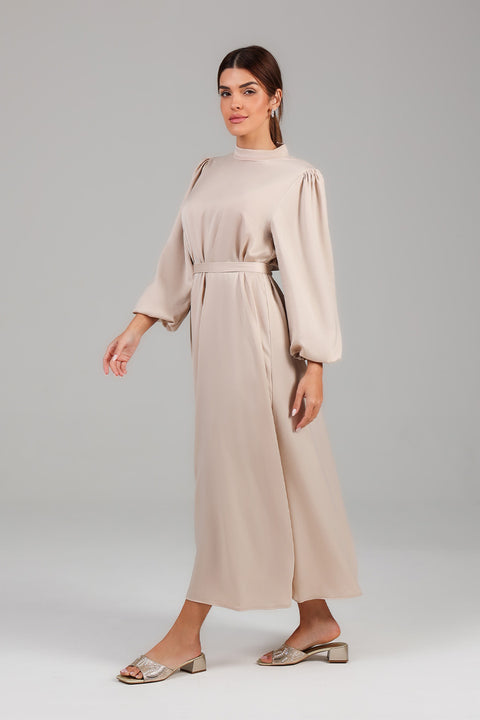 Cream High-Neck Midi Dress with Soft Pleats