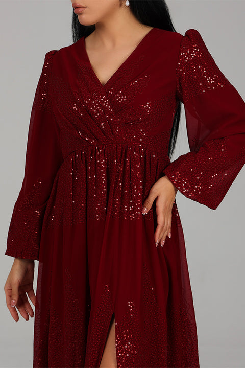 Burgundy Sequin Detail Modest Evening Dress 