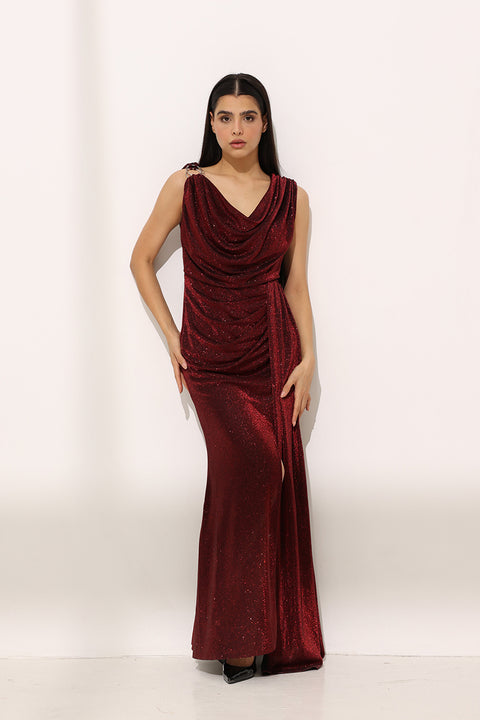 Maroon Shimmer Draped Gown with Embellished Shoulder