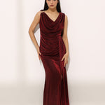 Shimmer Draped Gown with Embellished Shoulder BKMF 017 Maroon