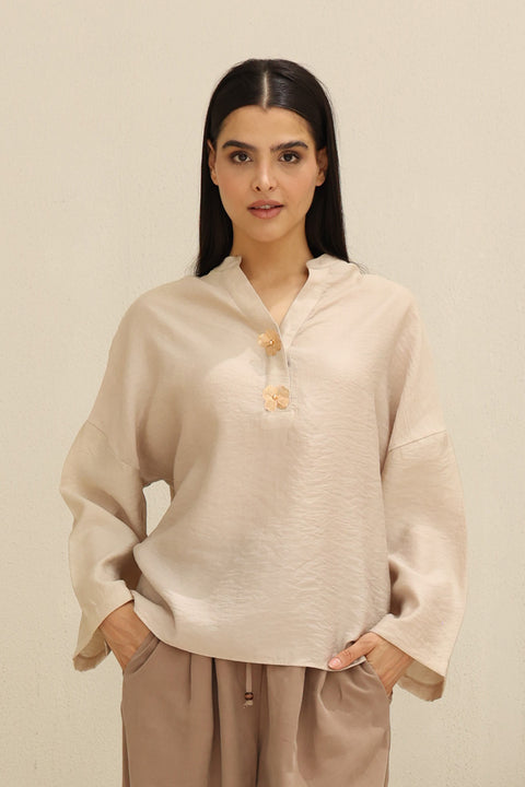 Cream Relaxed Fit Embellished Detail Top