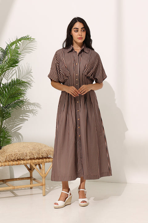 Striped Pleated Shirt Dress JS 012 Brown
