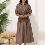 Striped Pleated Shirt Dress JS 012 Brown